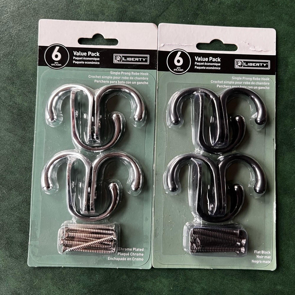 NWT Six Pack Liberty Single Prong Robe Hooks Chrome Plated or Matte Black
